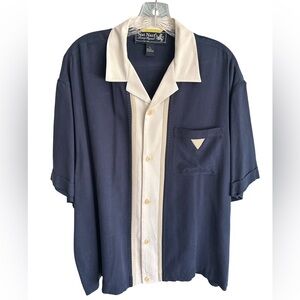 Nat Nast 100% Silk Black & Cream Short-Sleeve Button-Down Camp Shirt Mod Retro